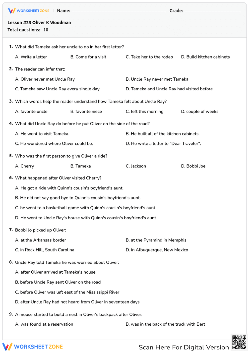 Oliver K. Woodman: A Literary Comprehension Quiz - Page 1
