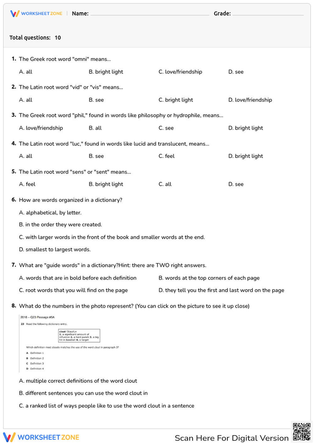 Dictionary Skills: Root Words, Guide Words, and Definitions - Page 1