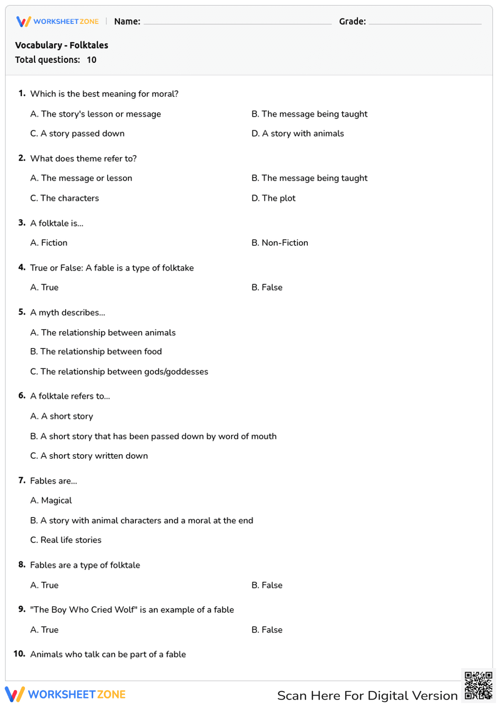 Folktale Vocabulary: Morals, Themes, and Story Types - Page 1