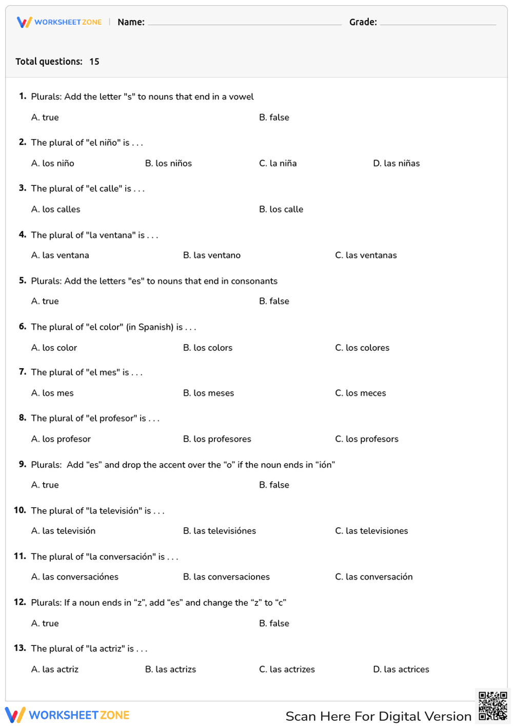 Forming Plural Nouns in Spanish - Page 1