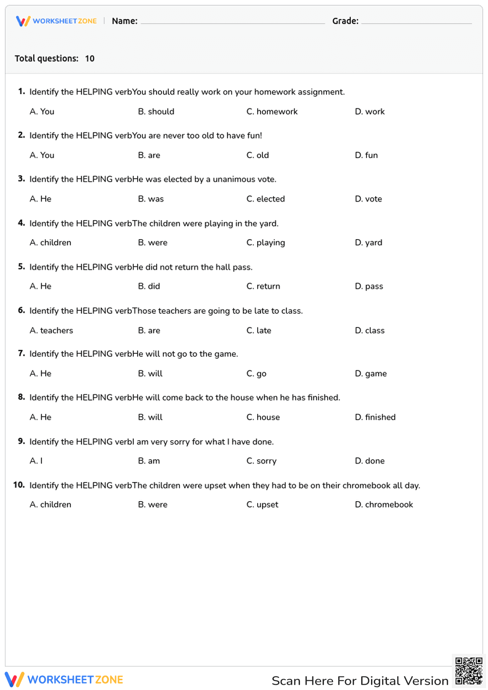 Identify Helping Verbs in Sentences - Page 1