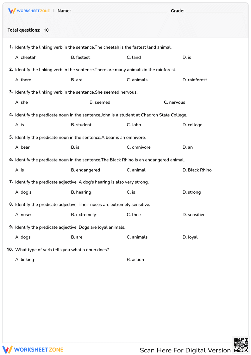 Identify Linking Verbs and Predicate Nouns - Page 1