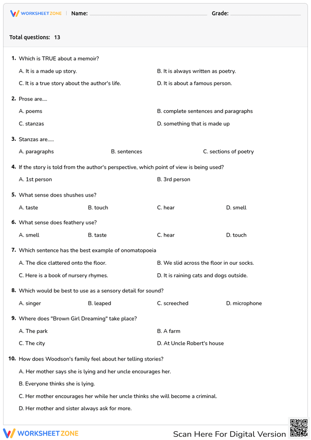 Understanding Memoirs: Reading Comprehension Quiz - Page 1