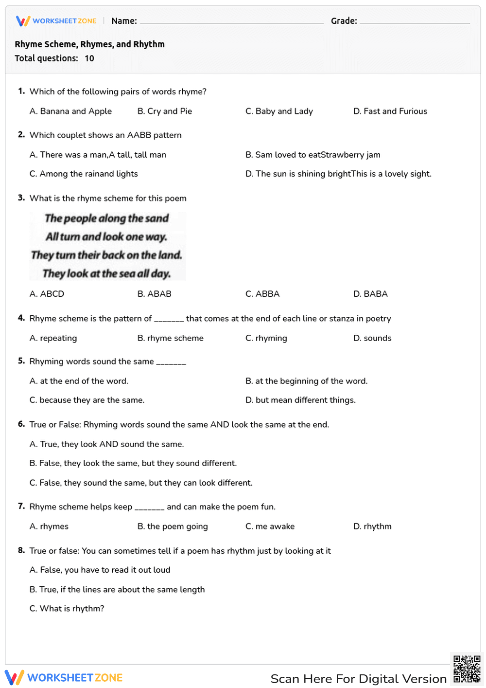 Poetry Rhyme Scheme Quiz: Identify Patterns in Poems - Page 1