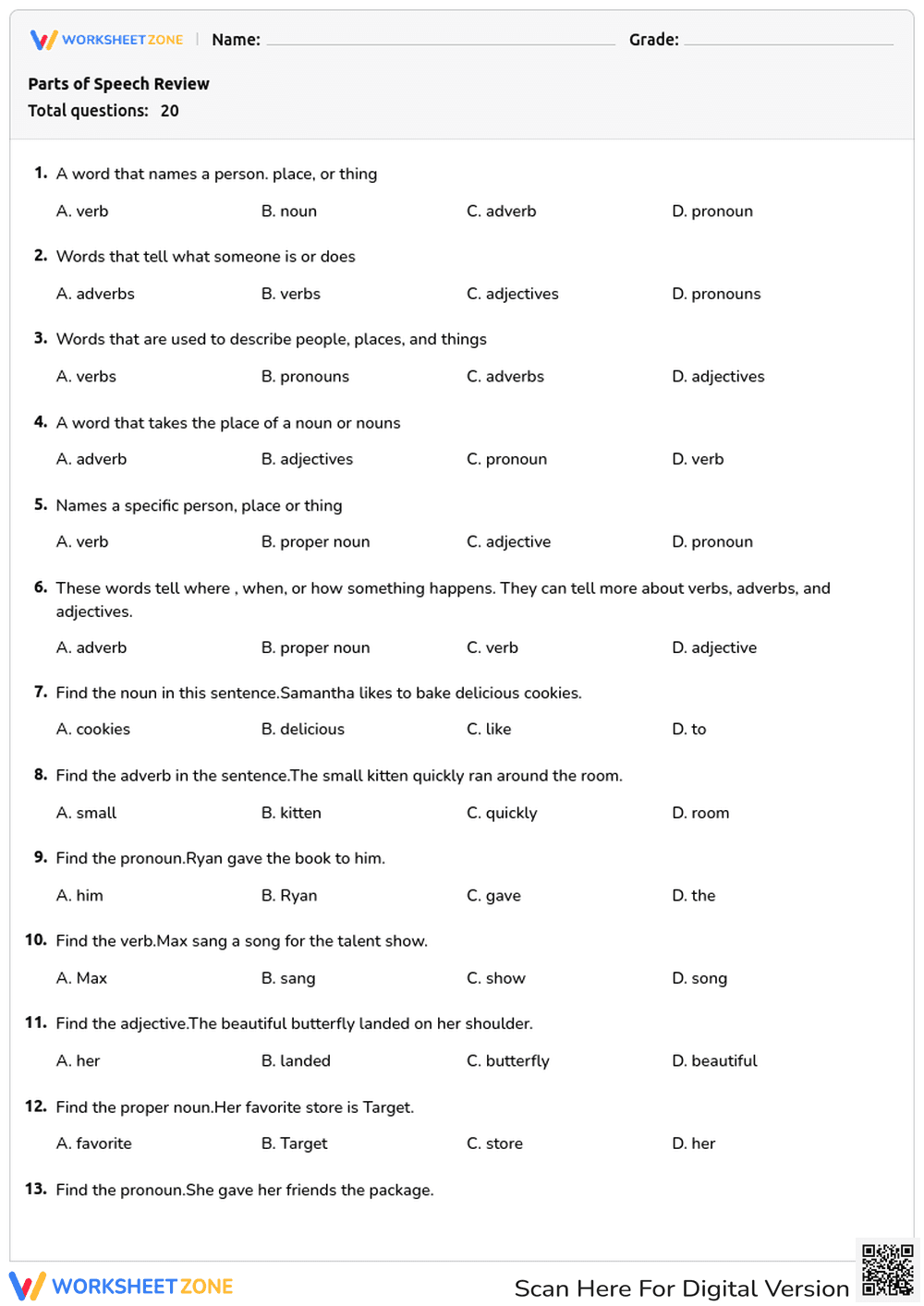 Parts of Speech Review Quiz: Nouns, Verbs, Adjectives & More - Page 1