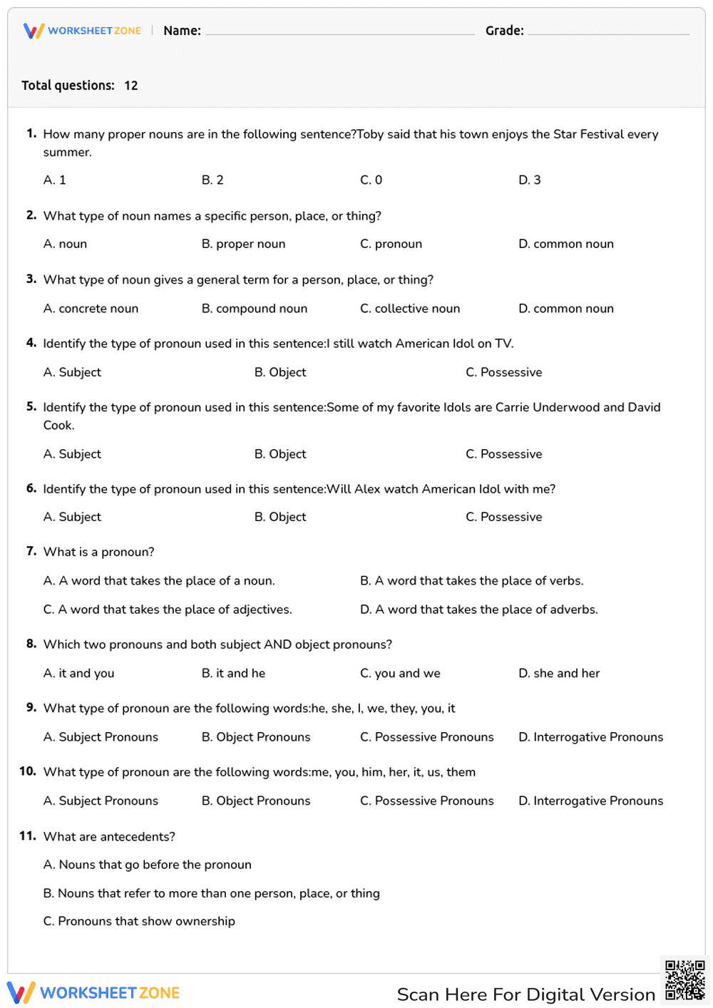 Nouns and Pronouns Quiz: Proper, Common and Types - Page 1
