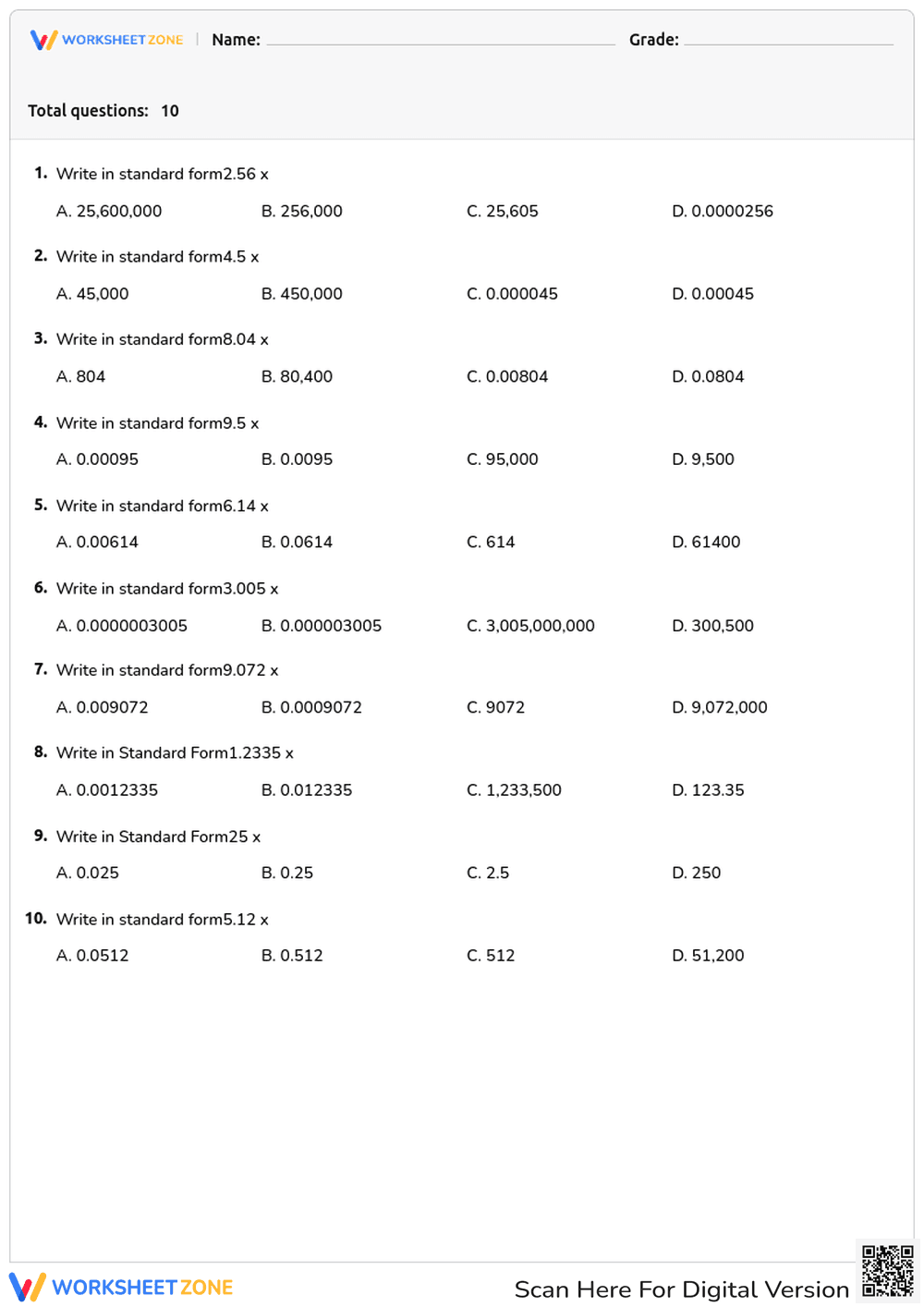 Scientific Notation to Standard Form - Page 1