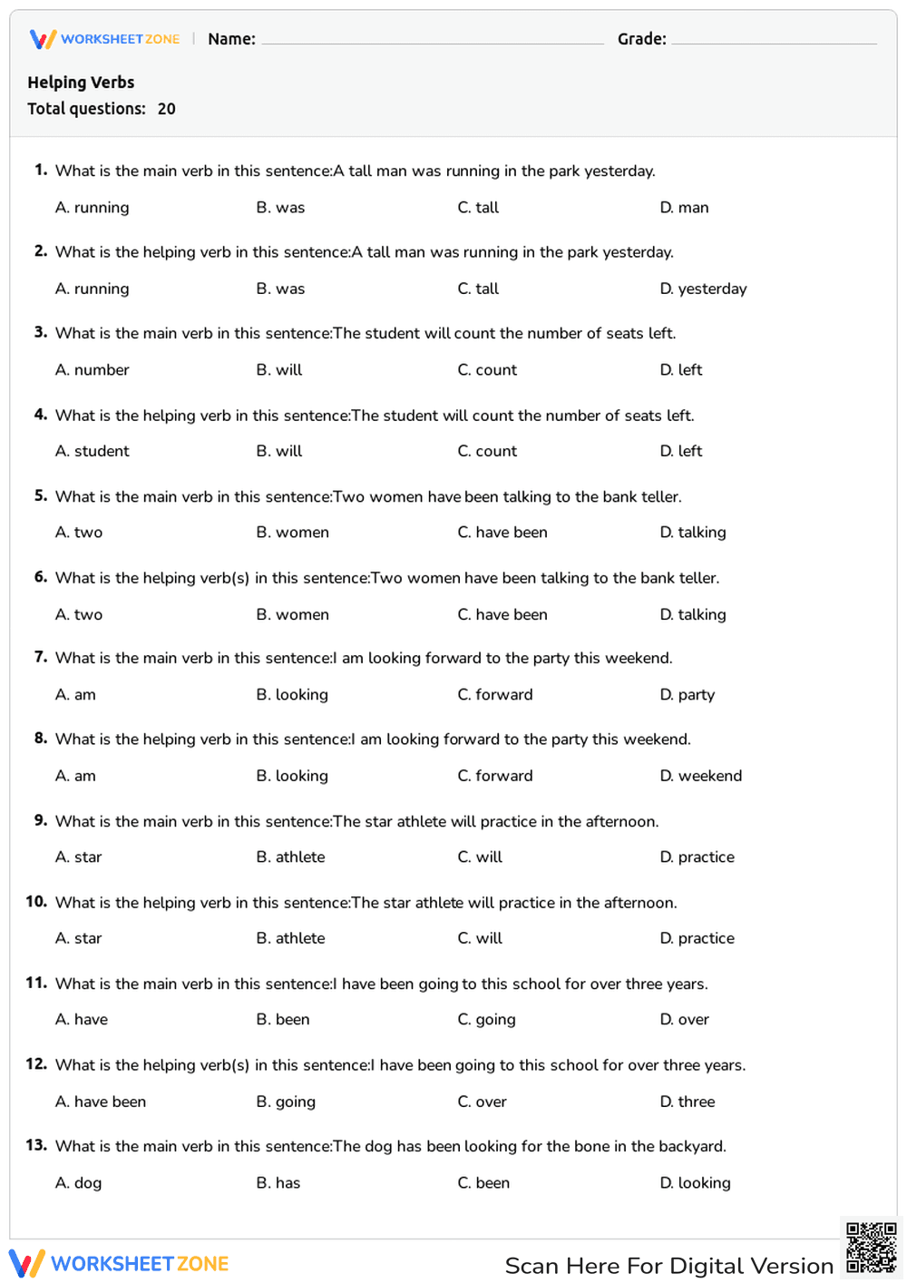 Helping Verbs Quiz for Kids - Page 1