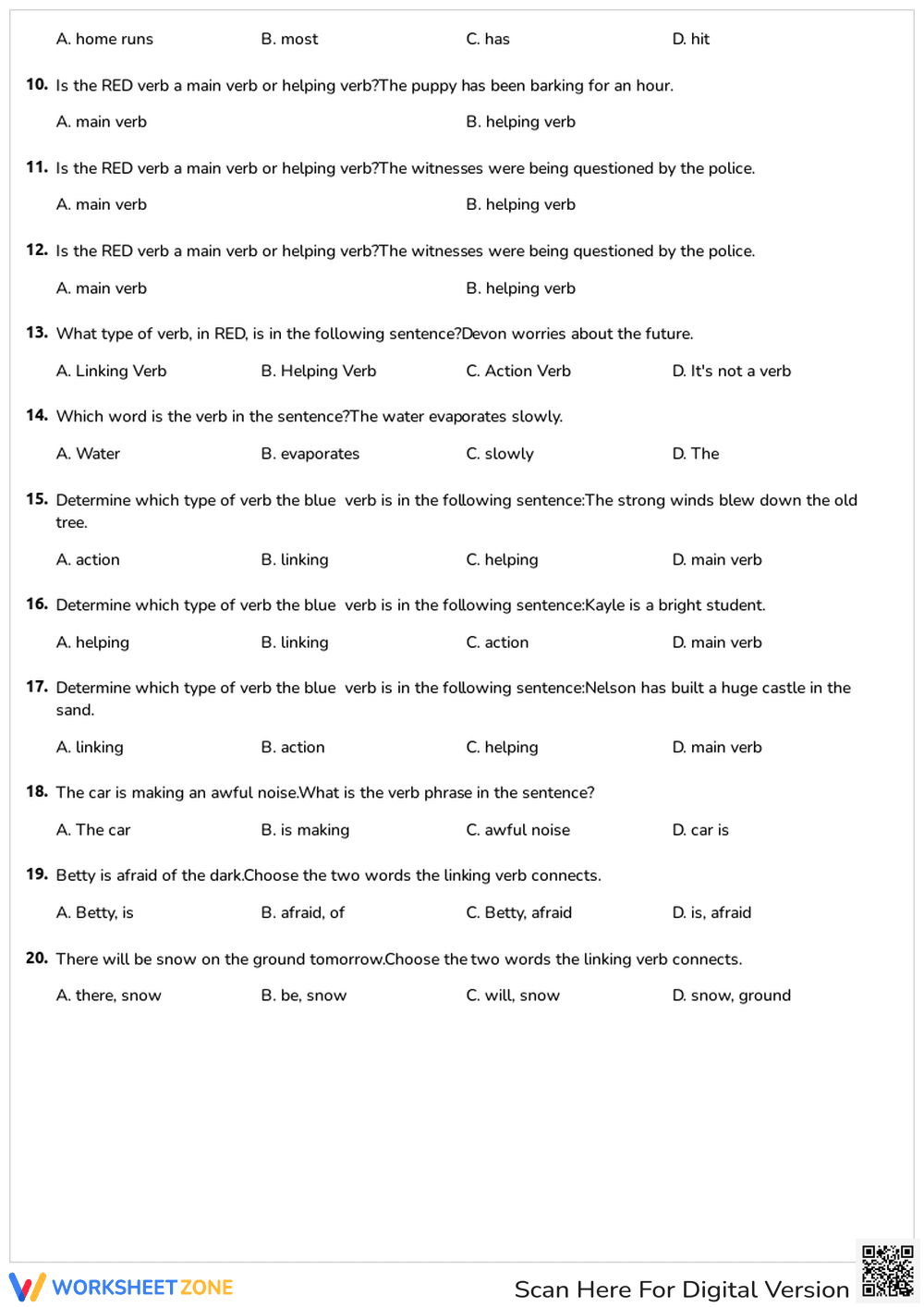 Action, Linking, and Helping Verbs Practice - Page 2