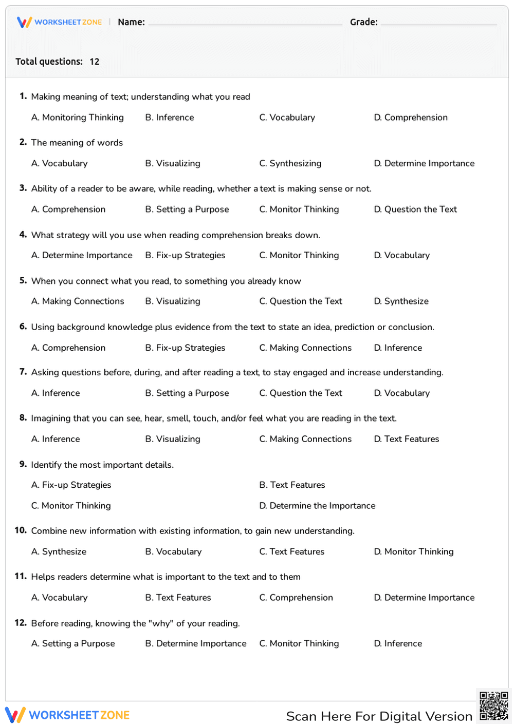 Reading Comprehension Skills Quiz - Page 1