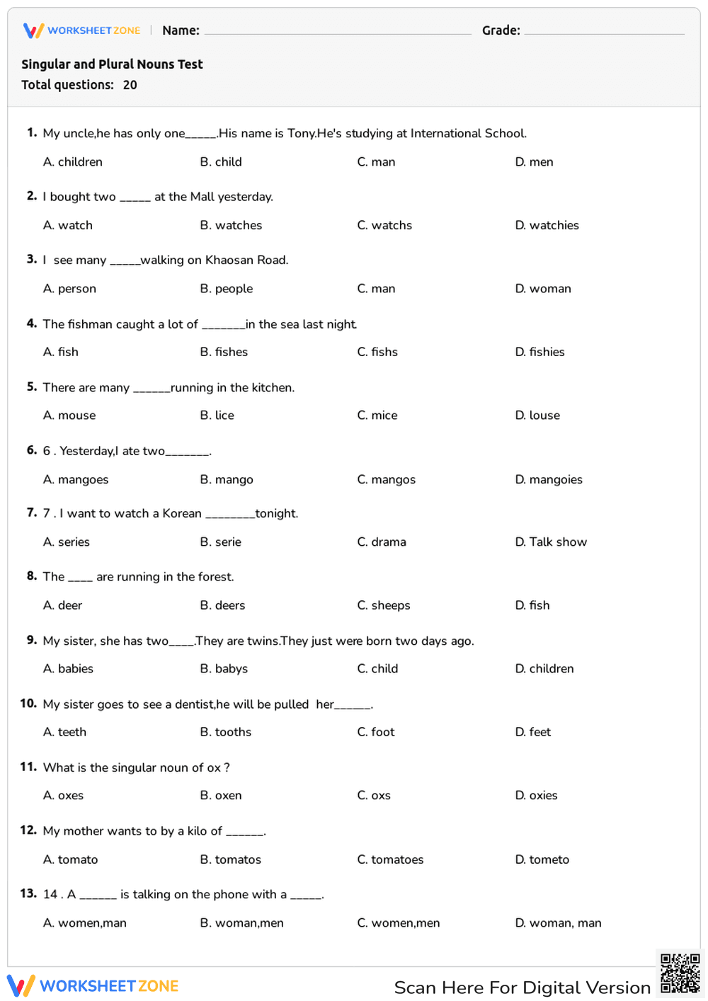 Singular and Plural Nouns Test - Page 1