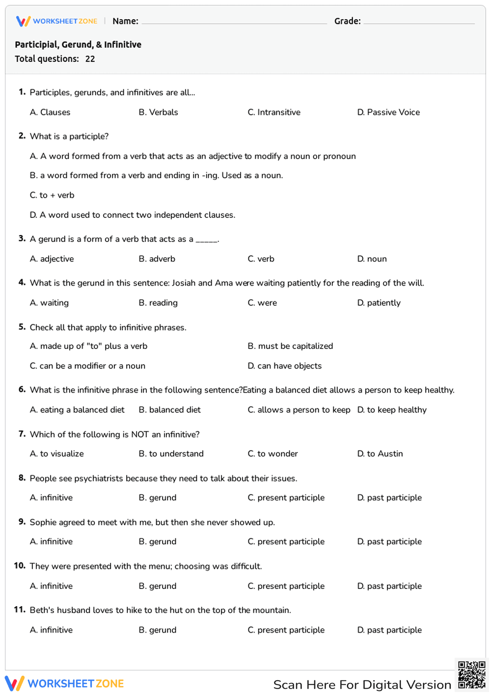 Verbals Quiz: Gerunds, Participles, and Infinitives - Page 1