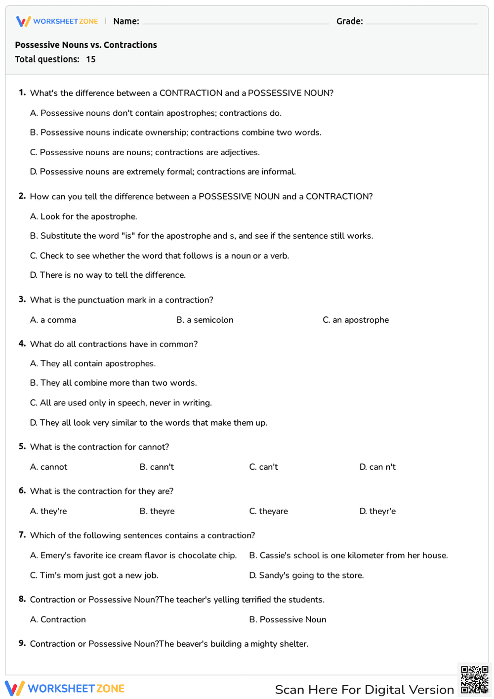 Possessive Nouns vs. Contractions - Page 1