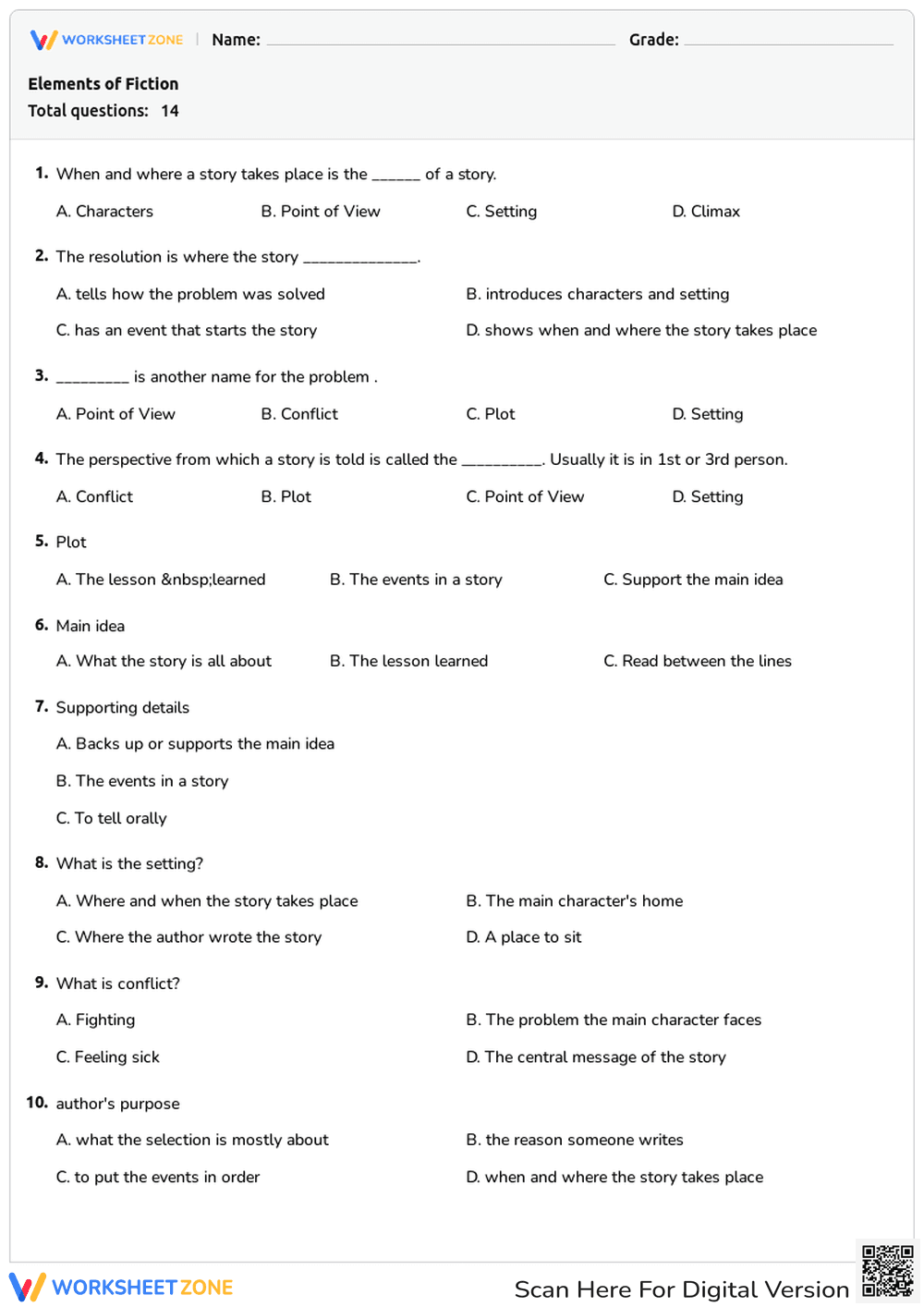 Story Elements Quiz: Setting, Plot, and Conflict - Page 1