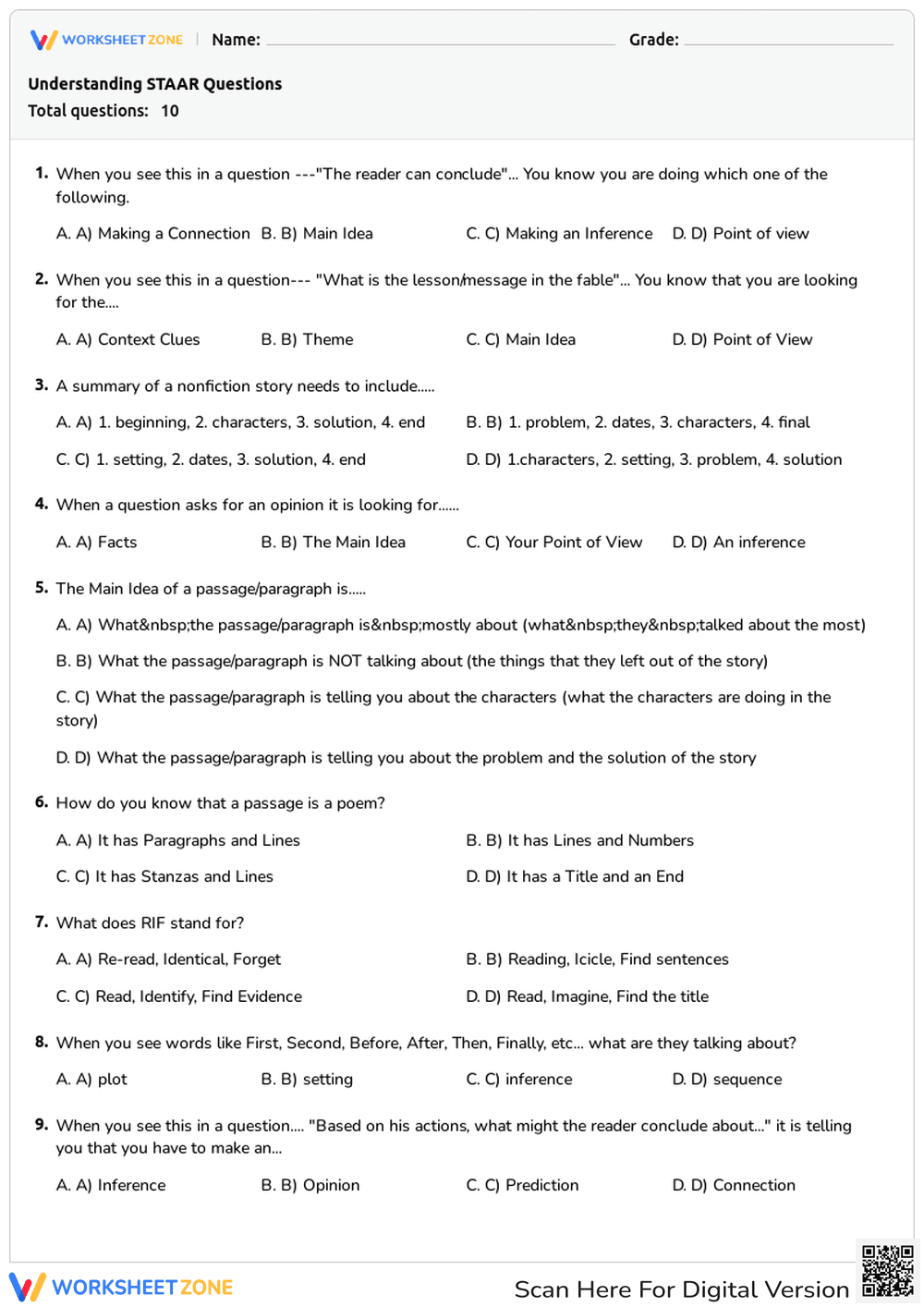 Reading Quiz: Analyze Fables, Main Ideas and More. - Page 1