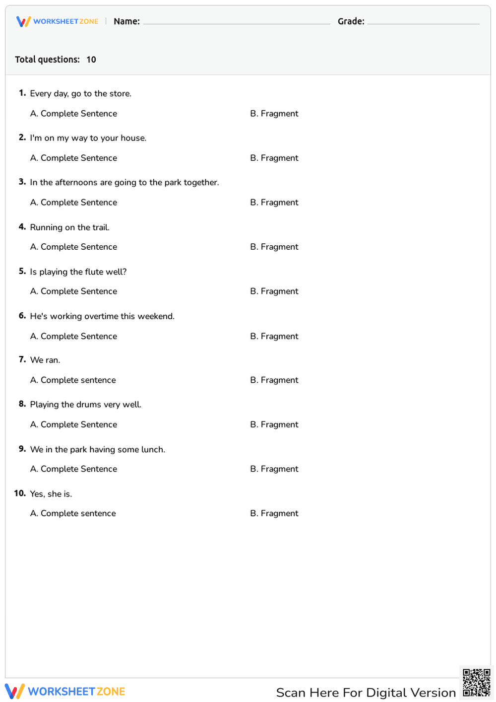 Complete Sentences vs Fragments - Page 1