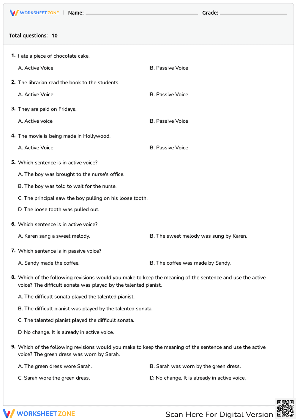 Active and Passive Voice Quiz for Students - Page 1