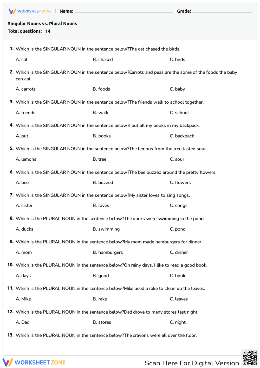 Singular Nouns vs. Plural Nouns - Page 1