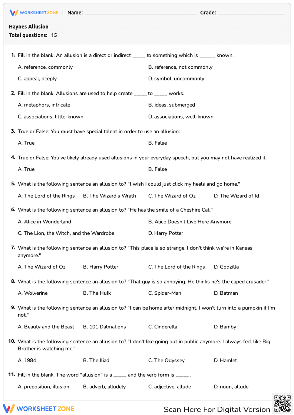 Identify and Understand Allusions Worksheet - Page 1
