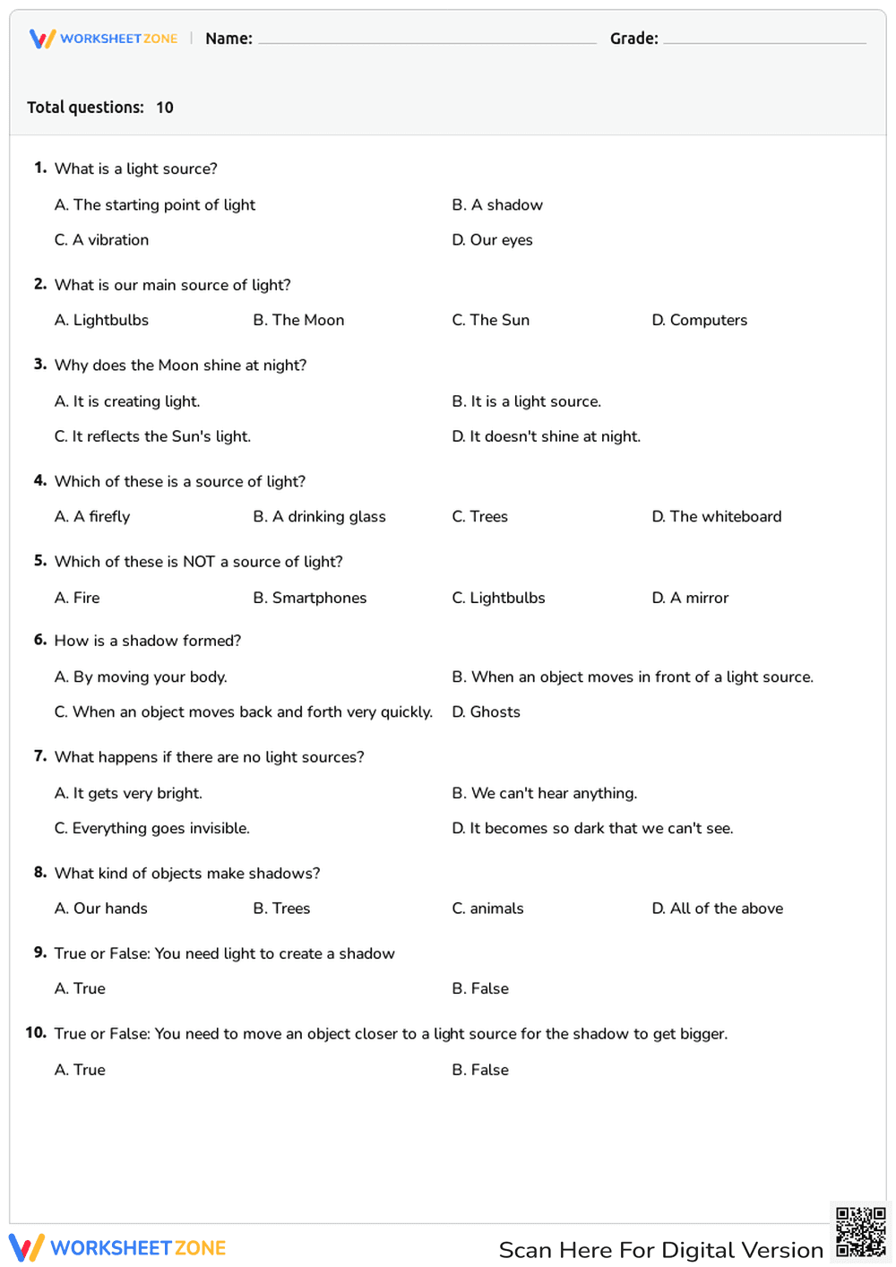 Light Sources - 1st Grade - Page 1