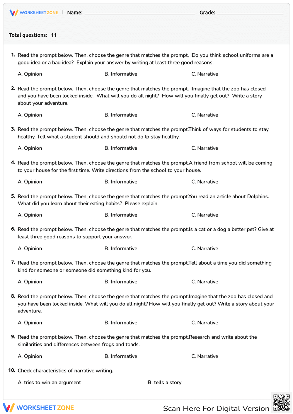 Writing Genre: Matching Prompts and Narrative Elements - Page 1