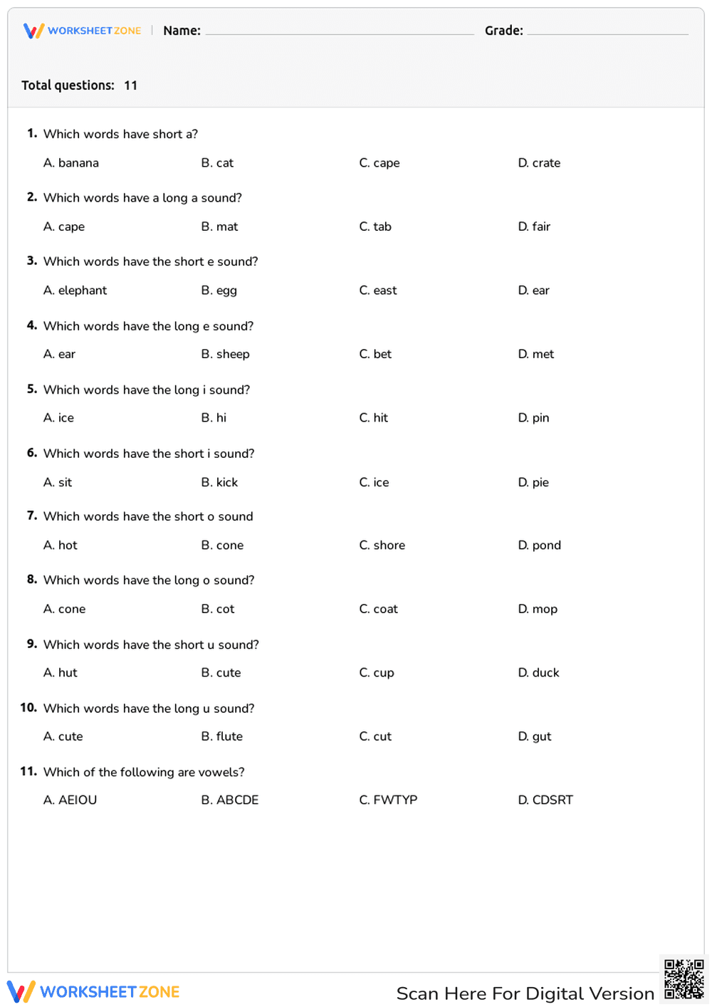 Short/Long Vowels - Page 1