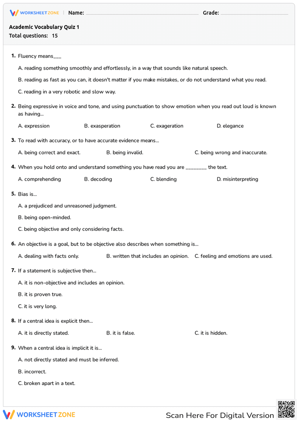 Academic Vocabulary Quiz: Enhance Skills - Page 1