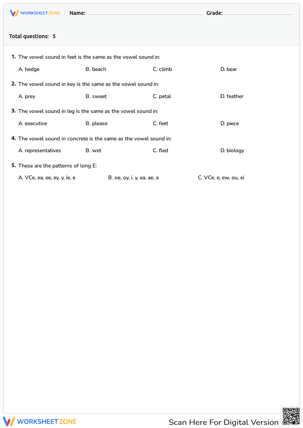 Explore Patterns of Long E Vowel Sound - Page 1