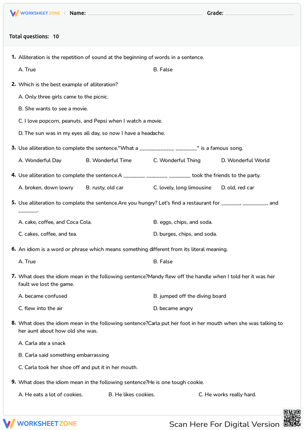 Alliteration and Idioms Quiz: Language Arts Challenge - Page 1