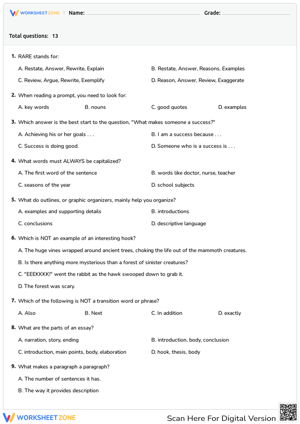 Essay Writing Skills Quiz: Prompts, Hooks, and Organization - Page 1
