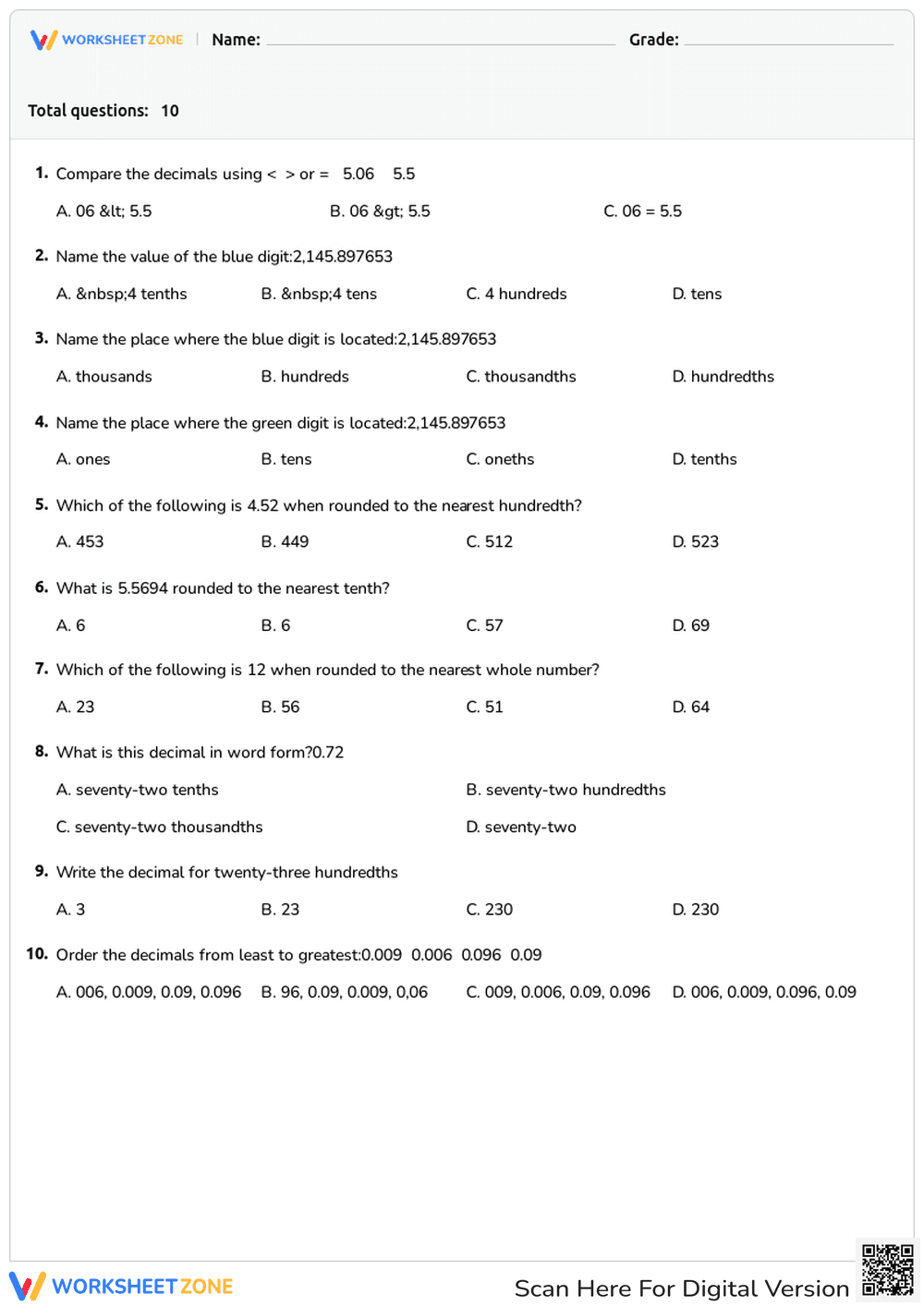 Decimals Value, Place Value and Comparing - Page 1