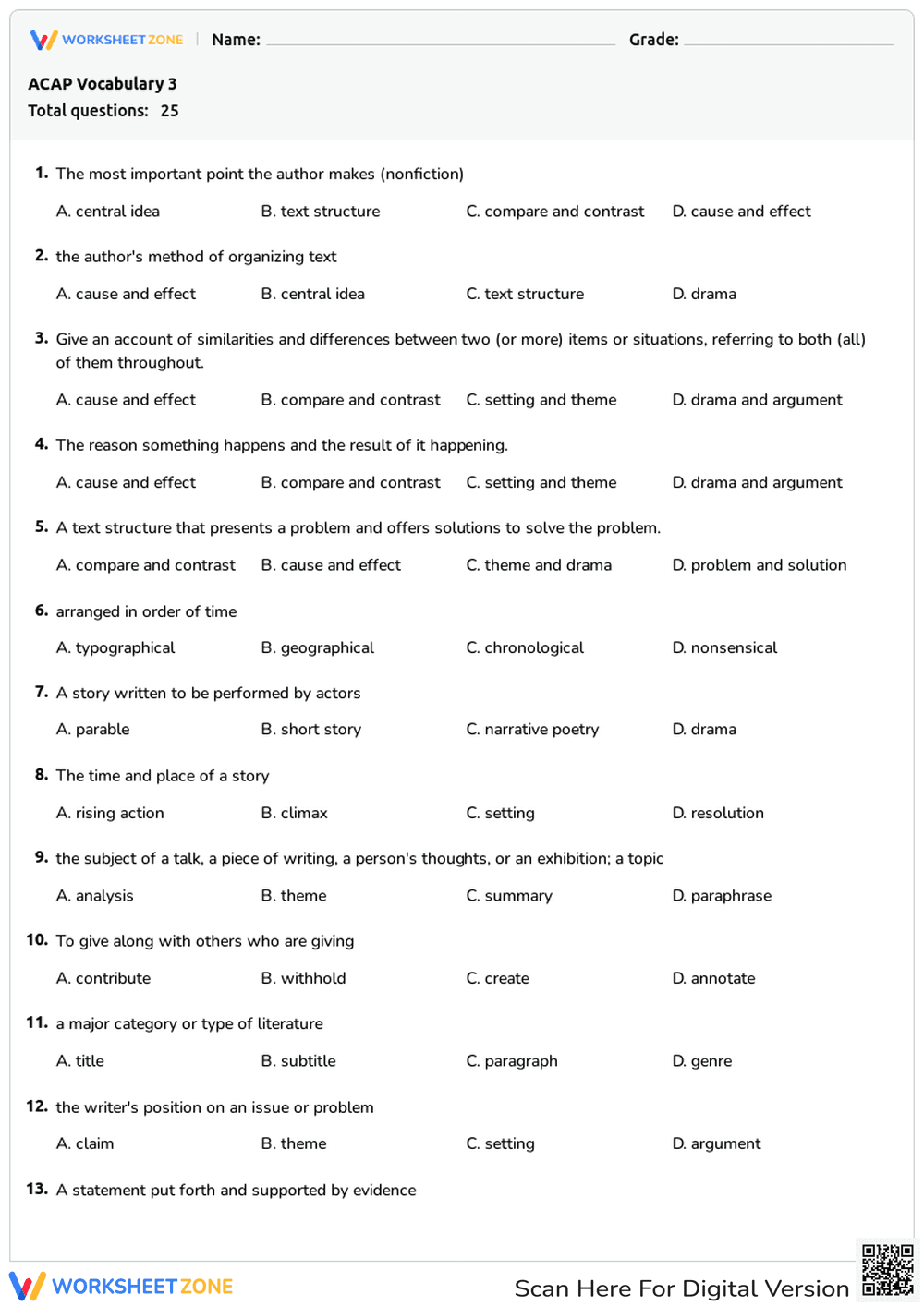 Key Vocabulary Terms for Reading Comprehension - Page 1