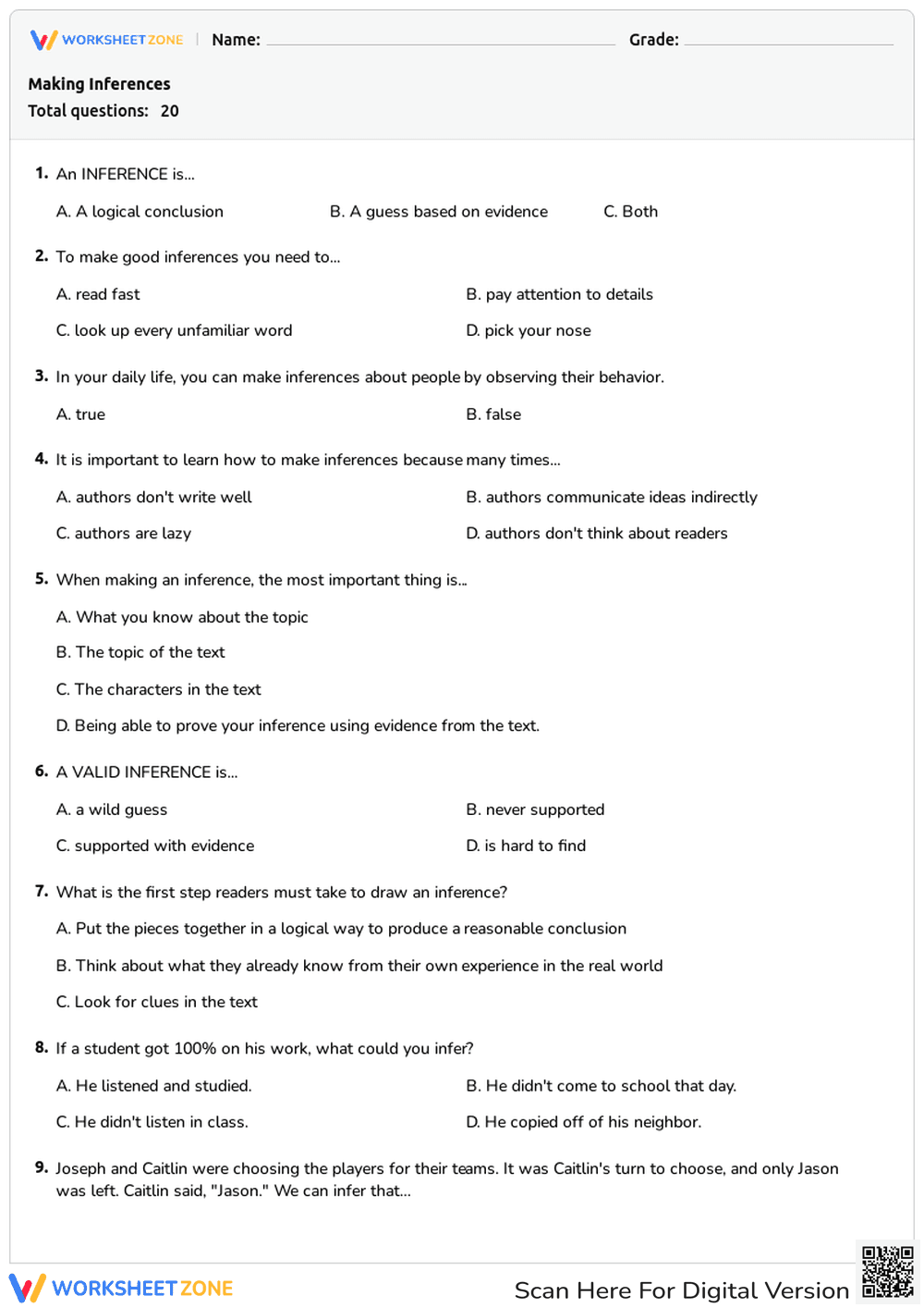 Making Inferences Practice Worksheet - Page 1