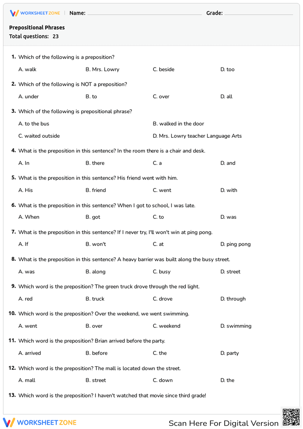 Prepositional Phrases - Page 1