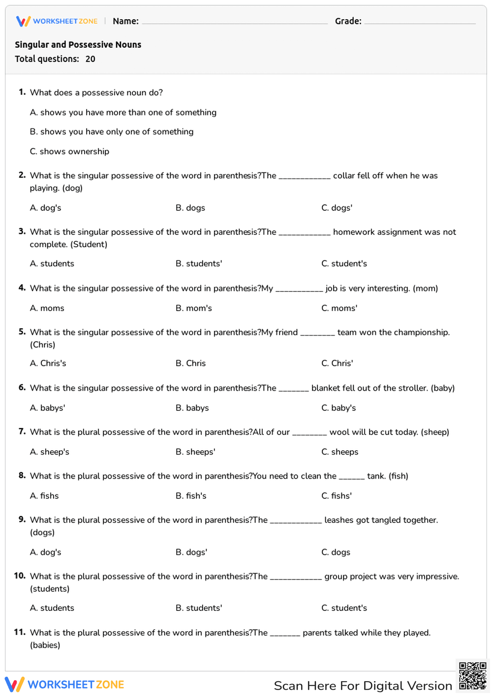 Singular and Possessive Nouns - Page 1