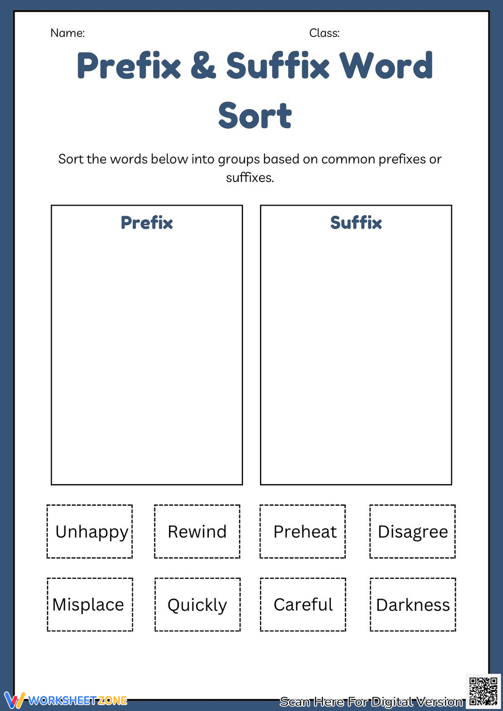 Prefix & Suffix Word Sort Worksheet - Page 1